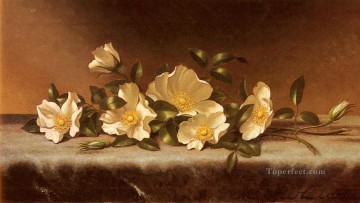 Rosas Cherokee sobre un paño gris claro Flor romántica Martin Johnson Heade Pinturas al óleo